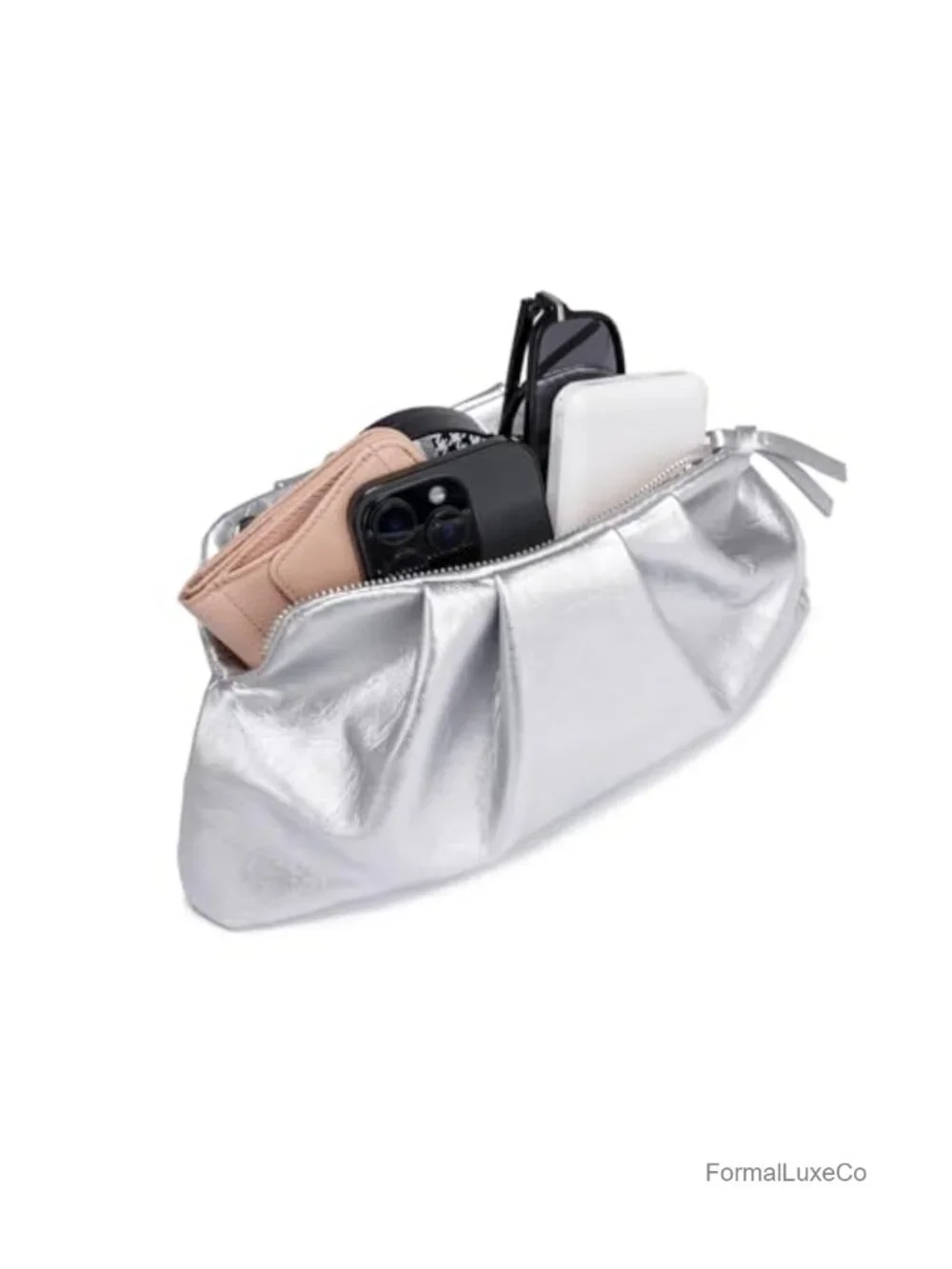 Shiny PU Leather Pleated Evening Clutch Bag with Shoulder Strap